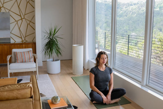 Lady meditation on a yoga mat beside a jaspr