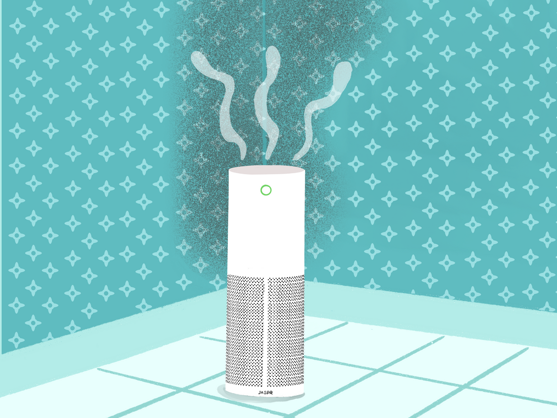 A modern air purifier emitting visible vapors in a teal-colored room, symbolizing its active filtration process. This suggests how an air purifier might help with mold by reducing spores in the air.