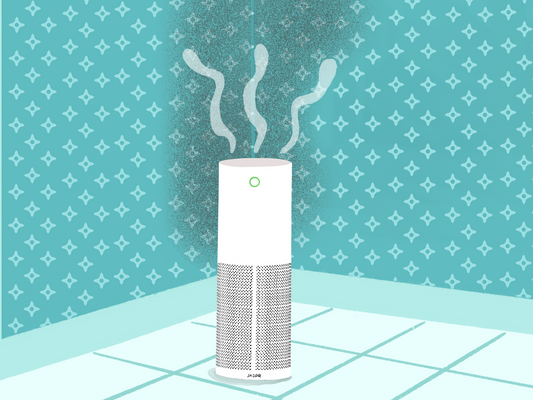 A modern air purifier emitting visible vapors in a teal-colored room, symbolizing its active filtration process. This suggests how an air purifier might help with mold by reducing spores in the air.